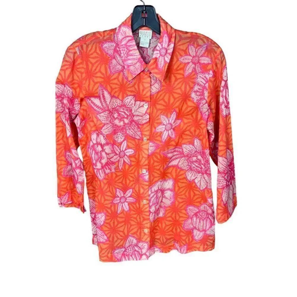 Sigrid Olsen Sport Blouse Pink Orange Floral Button Front 3 Quarter Sleeve Small